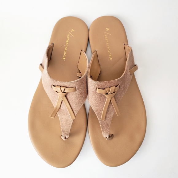 Anthropologie Lace-Up Casual Tan Brown Suede Leather Flip Flop Thong Sandals 10 - Picture 6 of 13